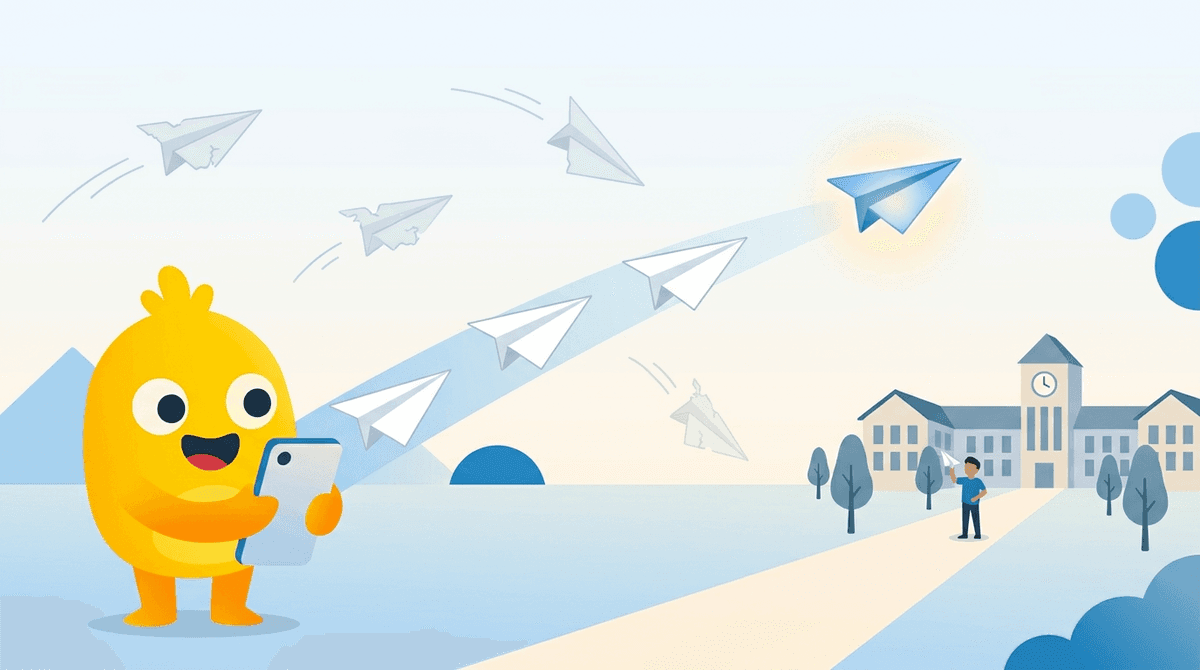 A yellow mascot holding a phone sends a stream of paper airplanes; most crumple and fall, but one glowing plane reaches a student standing in front of a campus building