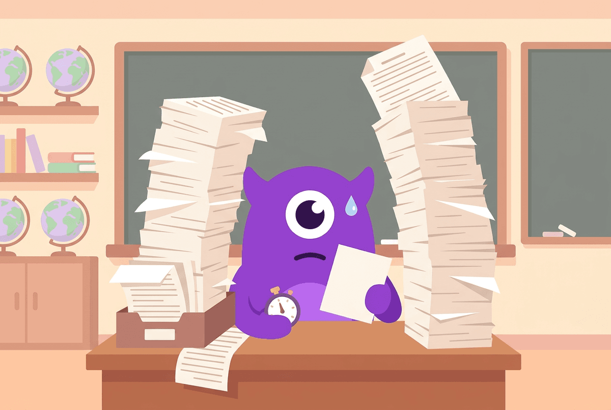 An admissions officer buried in towering stacks of essays, with barely any time to read each one