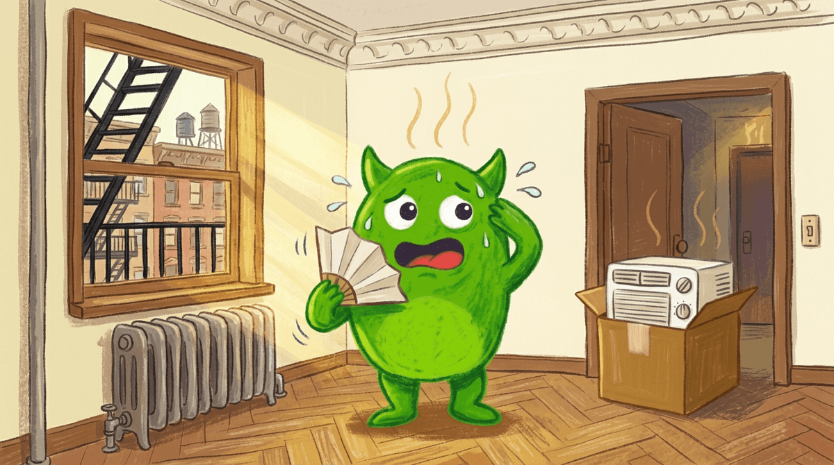 A sweating green character fanning itself in an old apartment with a radiator, while a window AC unit still sits in its box by the door