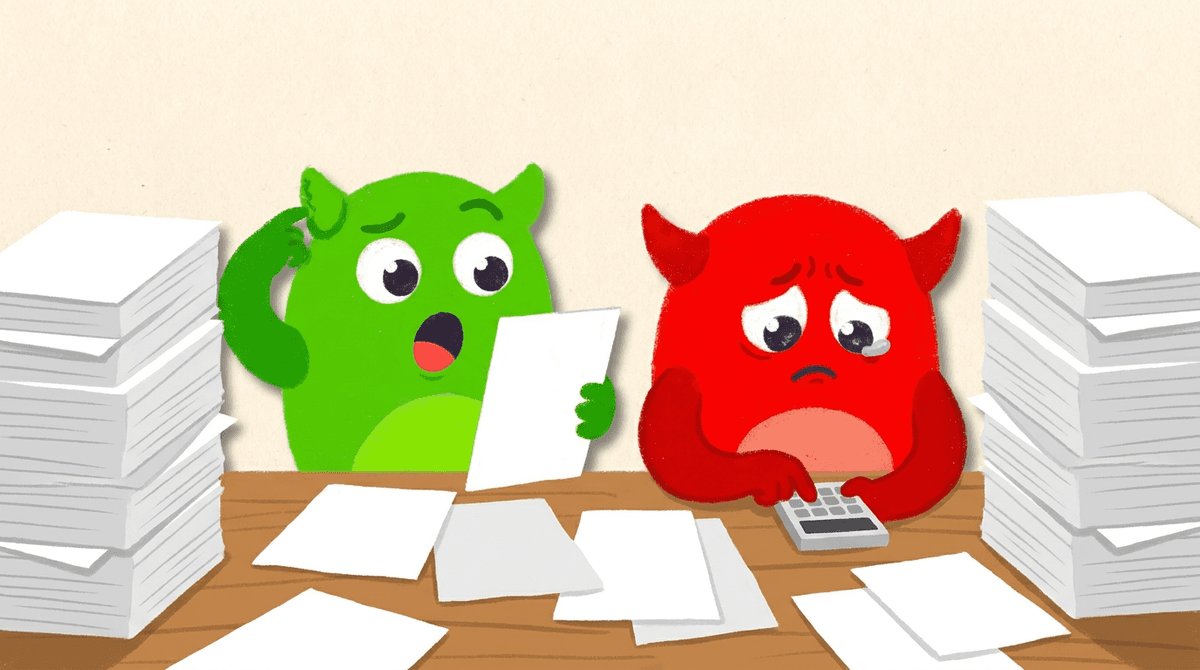 A confused green monster holding a form and scratching its head among stacks of scholarship paperwork, while a teary red monster taps a calculator