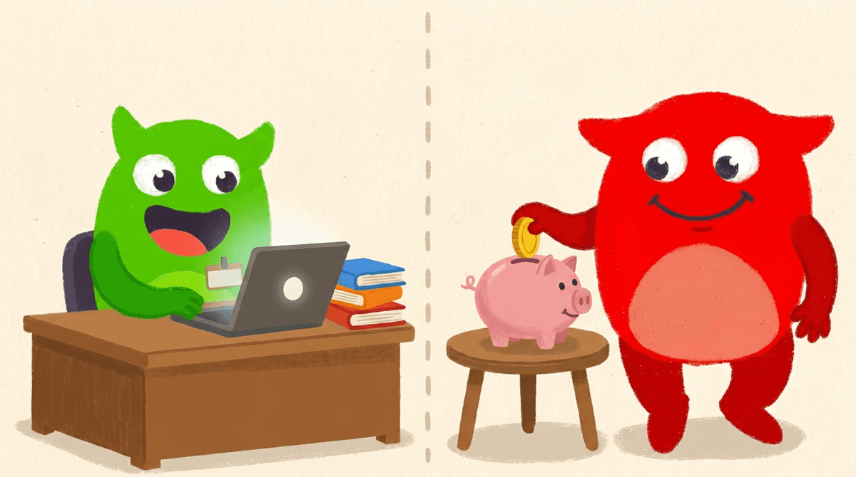 A green monster working an on-campus staff job and a red monster dropping coins into a piggy bank