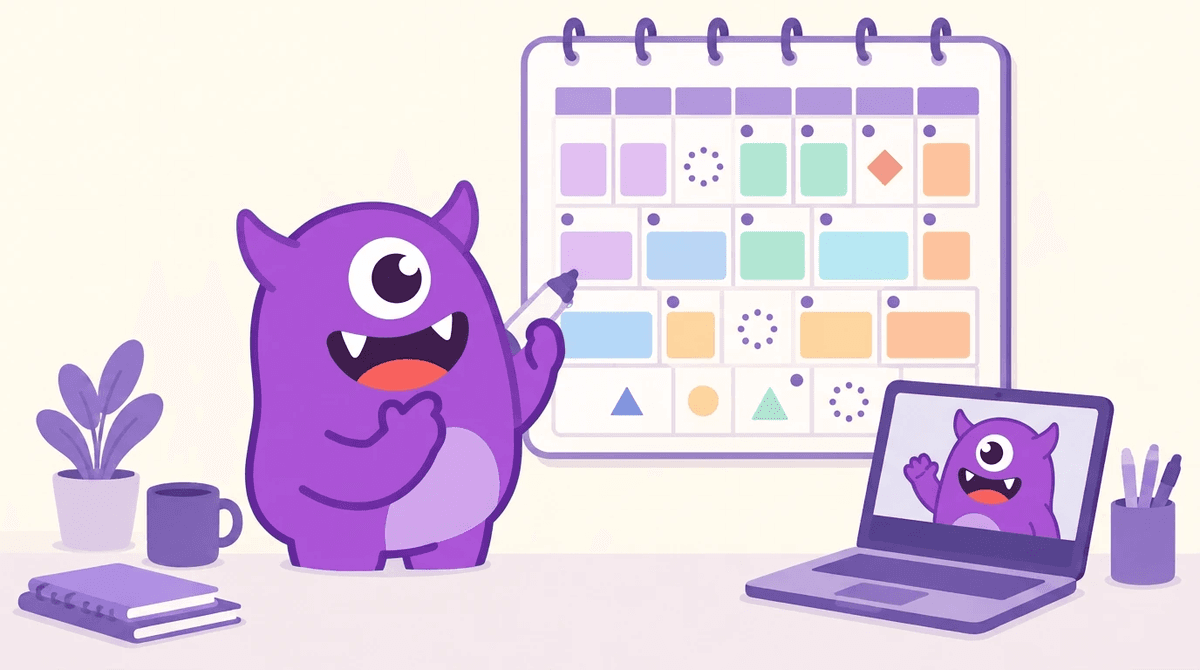 A mascot pointing a pen at a colour-coded monthly calendar, with a second mascot waving from a video call on a laptop beside it