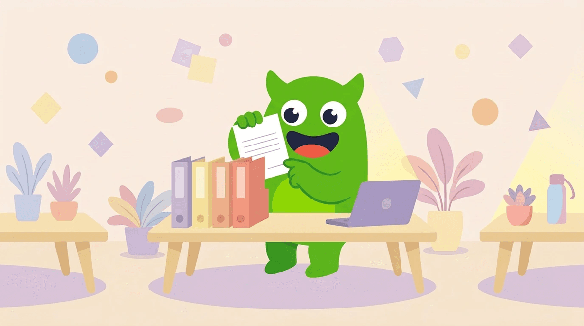 A mascot pulling the submitted resume and essays out of per-school folders and tracing the numbers it wrote with a finger