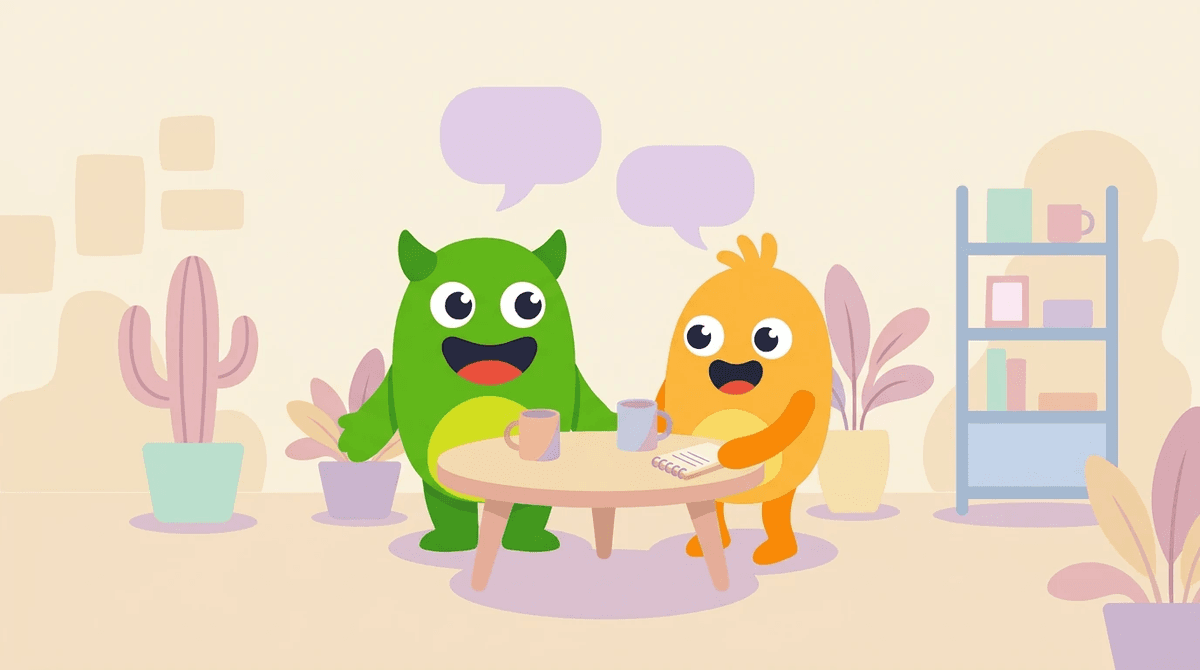 Two mascots facing each other in a mock interview, trading a real conversation instead of firing back memorised answers